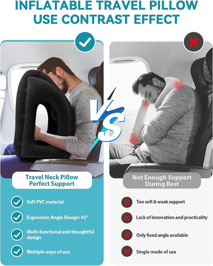 Inflatable Travel Pillow, Airplane Neck Pillow Comfortably Supports Head and Chin for Airplanes, Trains, Cars Office Napping on The Tray Table (Grey)