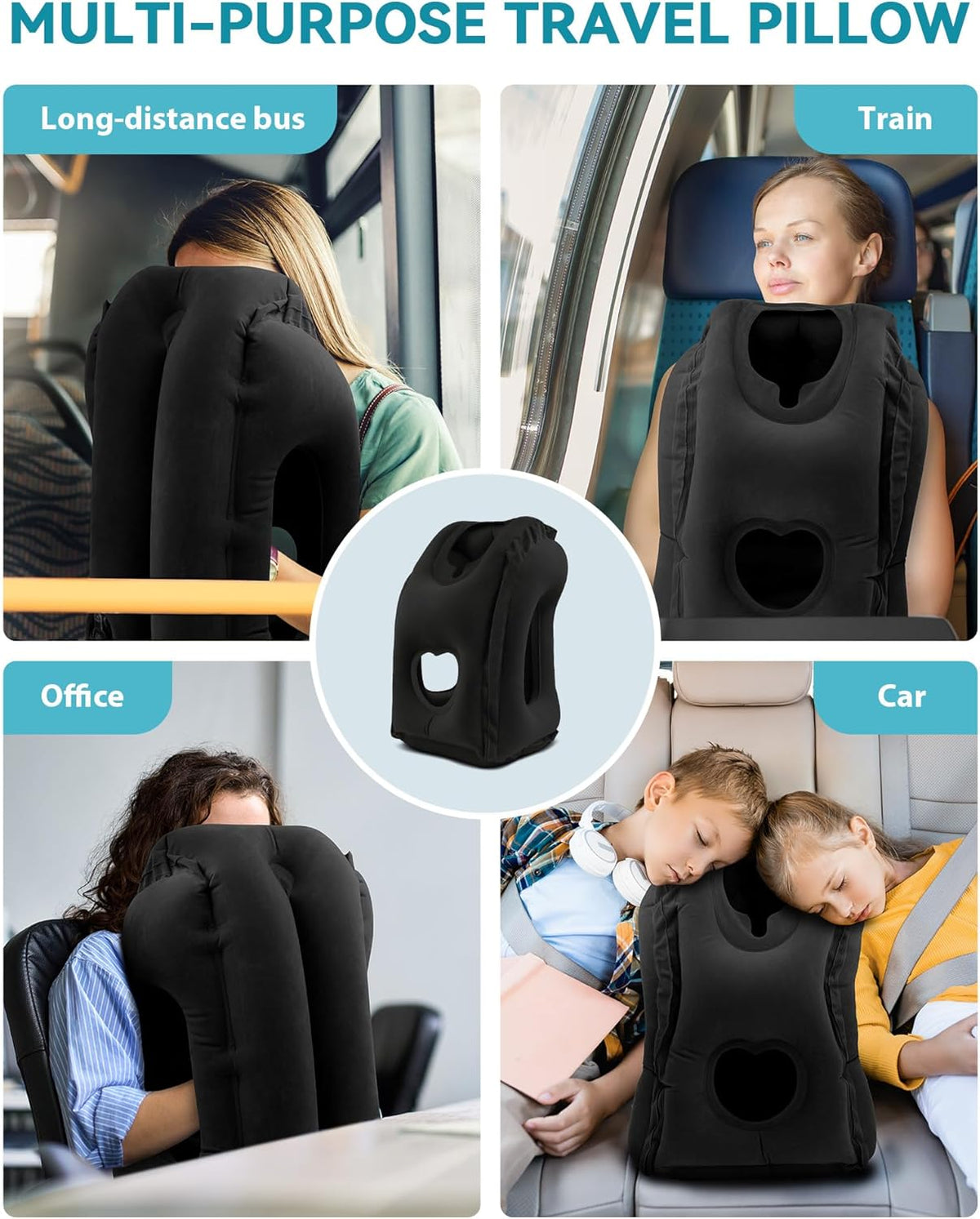Inflatable Travel Pillow, Airplane Neck Pillow Comfortably Supports Head and Chin for Airplanes, Trains, Cars Office Napping on The Tray Table (Grey)