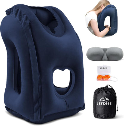 Inflatable Travel Pillow, Airplane Neck Pillow Comfortably Supports Head and Chin for Airplanes, Trains, Cars Office Napping on The Tray Table (Grey)