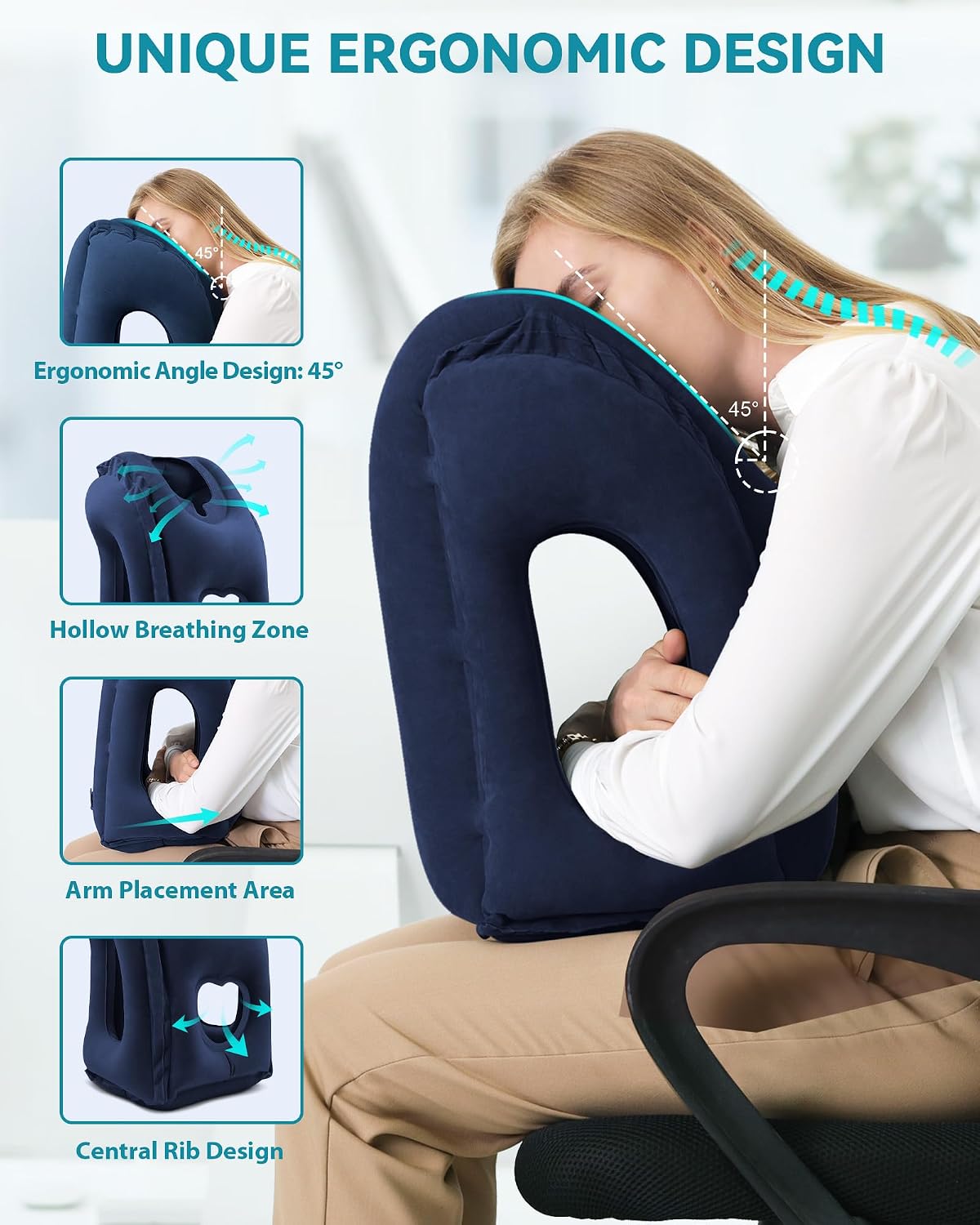Inflatable Travel Pillow, Airplane Neck Pillow Comfortably Supports Head and Chin for Airplanes, Trains, Cars Office Napping on The Tray Table (Grey)