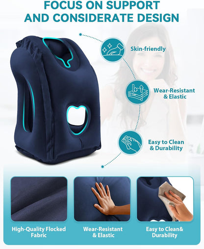 Inflatable Travel Pillow, Airplane Neck Pillow Comfortably Supports Head and Chin for Airplanes, Trains, Cars Office Napping on The Tray Table (Grey)