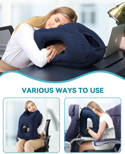 Inflatable Travel Pillow, Airplane Neck Pillow Comfortably Supports Head and Chin for Airplanes, Trains, Cars Office Napping on The Tray Table (Grey)