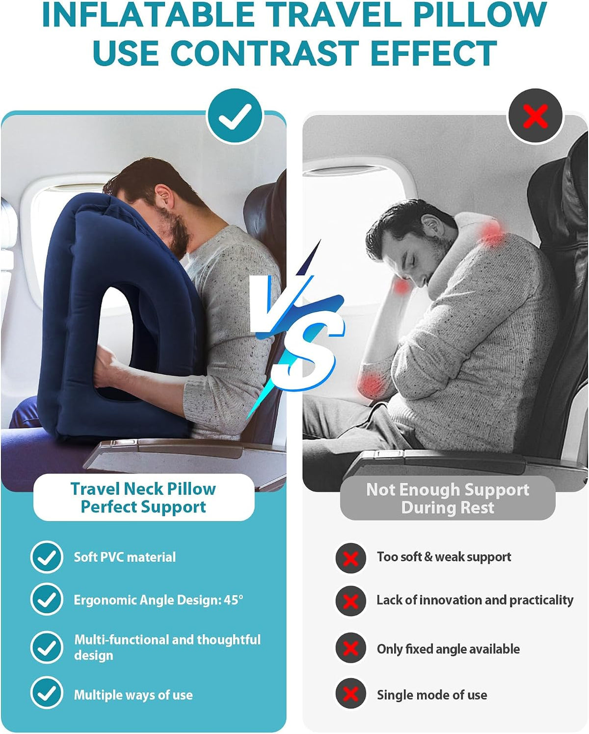 Inflatable Travel Pillow, Airplane Neck Pillow Comfortably Supports Head and Chin for Airplanes, Trains, Cars Office Napping on The Tray Table (Grey)