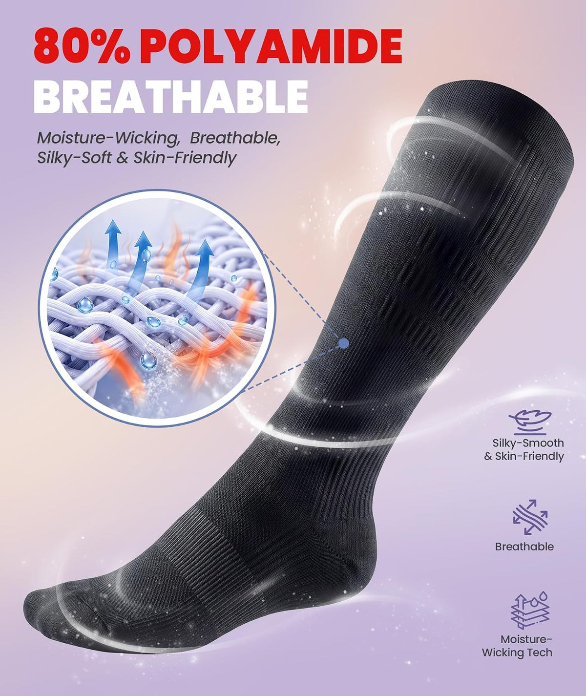 Compression Socks for Women Men, Comfortable 20-30 mmHg Circulation Knee High for Travel, Flying, Athletic, 2 Pairs