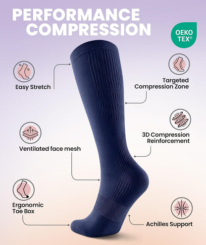 Compression Socks for Women Men, Comfortable 20-30 mmHg Circulation Knee High for Travel, Flying, Athletic, 2 Pairs