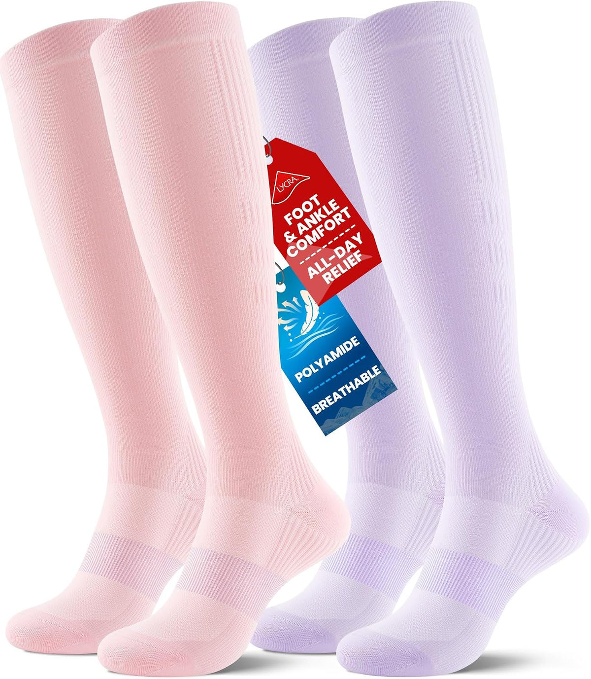 Compression Socks for Women Men, Comfortable 20-30 mmHg Circulation Knee High for Travel, Flying, Athletic, 2 Pairs