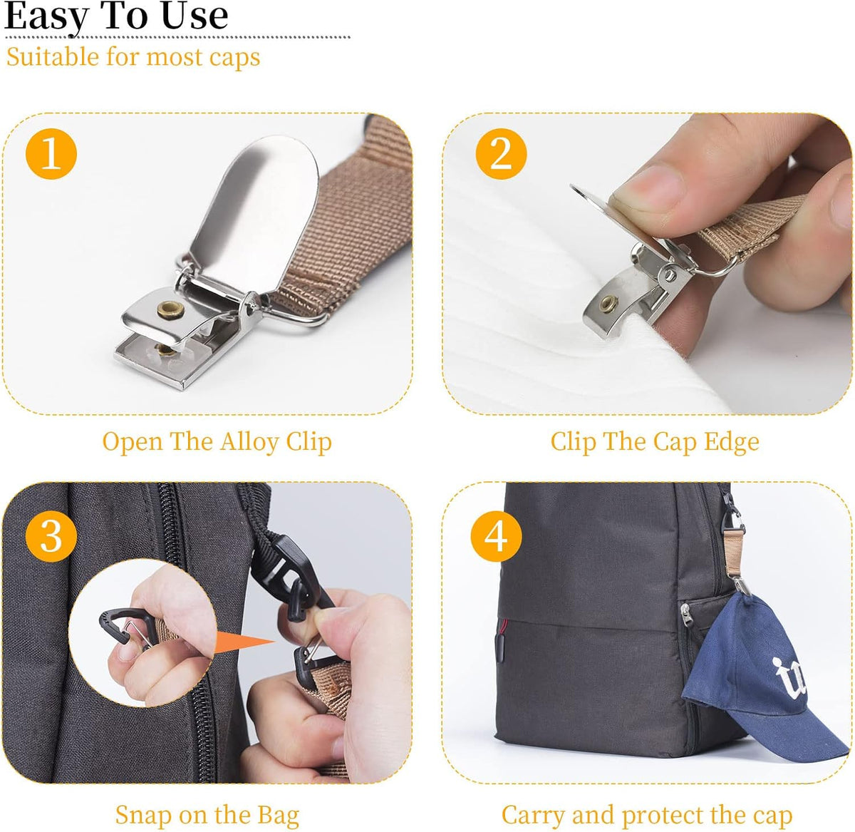 4Pcs Elastic Hat Clip for Travel, Hat Holder Hands Free Bag Accessory for Traveling Bags, Backpacks, Purses, Totes Black