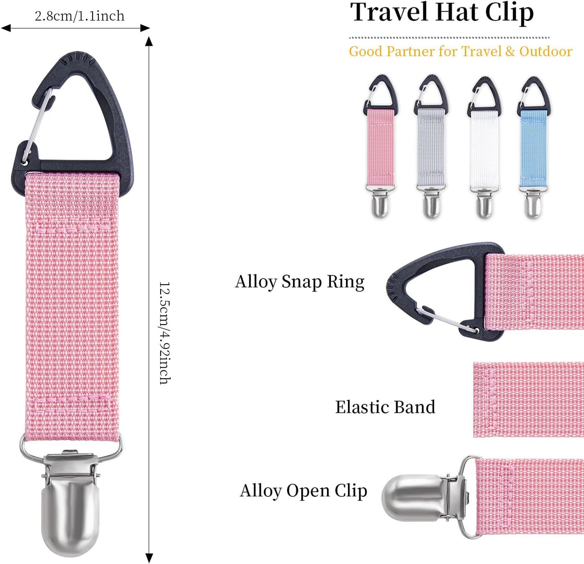 4Pcs Elastic Hat Clip for Travel, Hat Holder Hands Free Bag Accessory for Traveling Bags, Backpacks, Purses, Totes Black