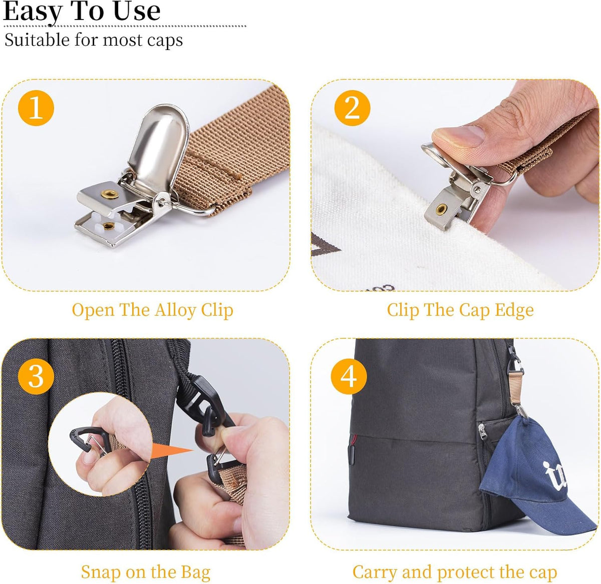 4Pcs Elastic Hat Clip for Travel, Hat Holder Hands Free Bag Accessory for Traveling Bags, Backpacks, Purses, Totes Black