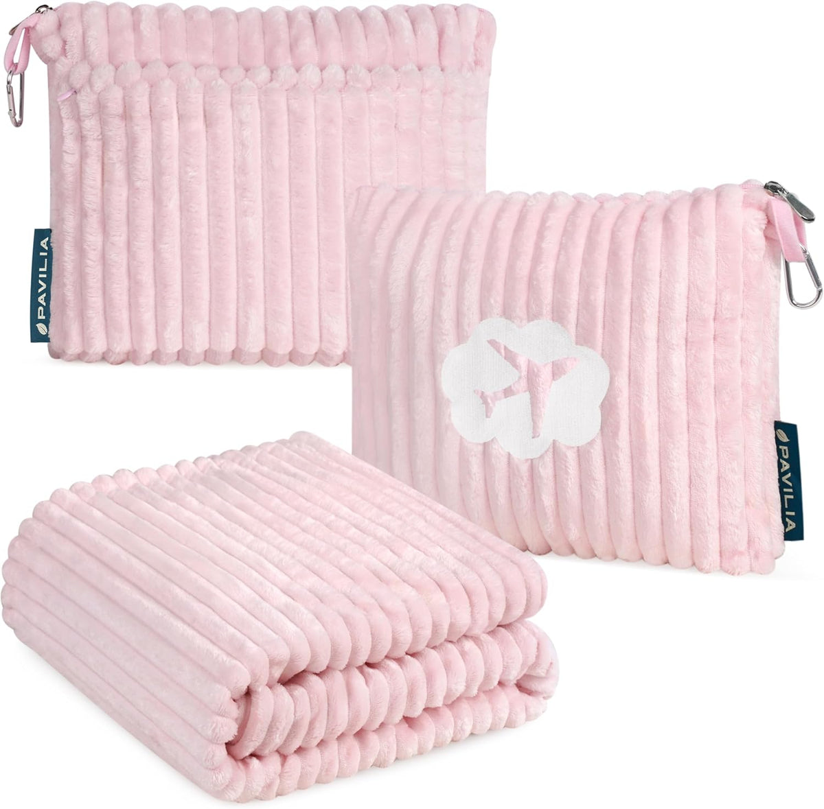 Travel Blanket Pillow, Soft Ribbed Fleece Airplane Blanket, Pink