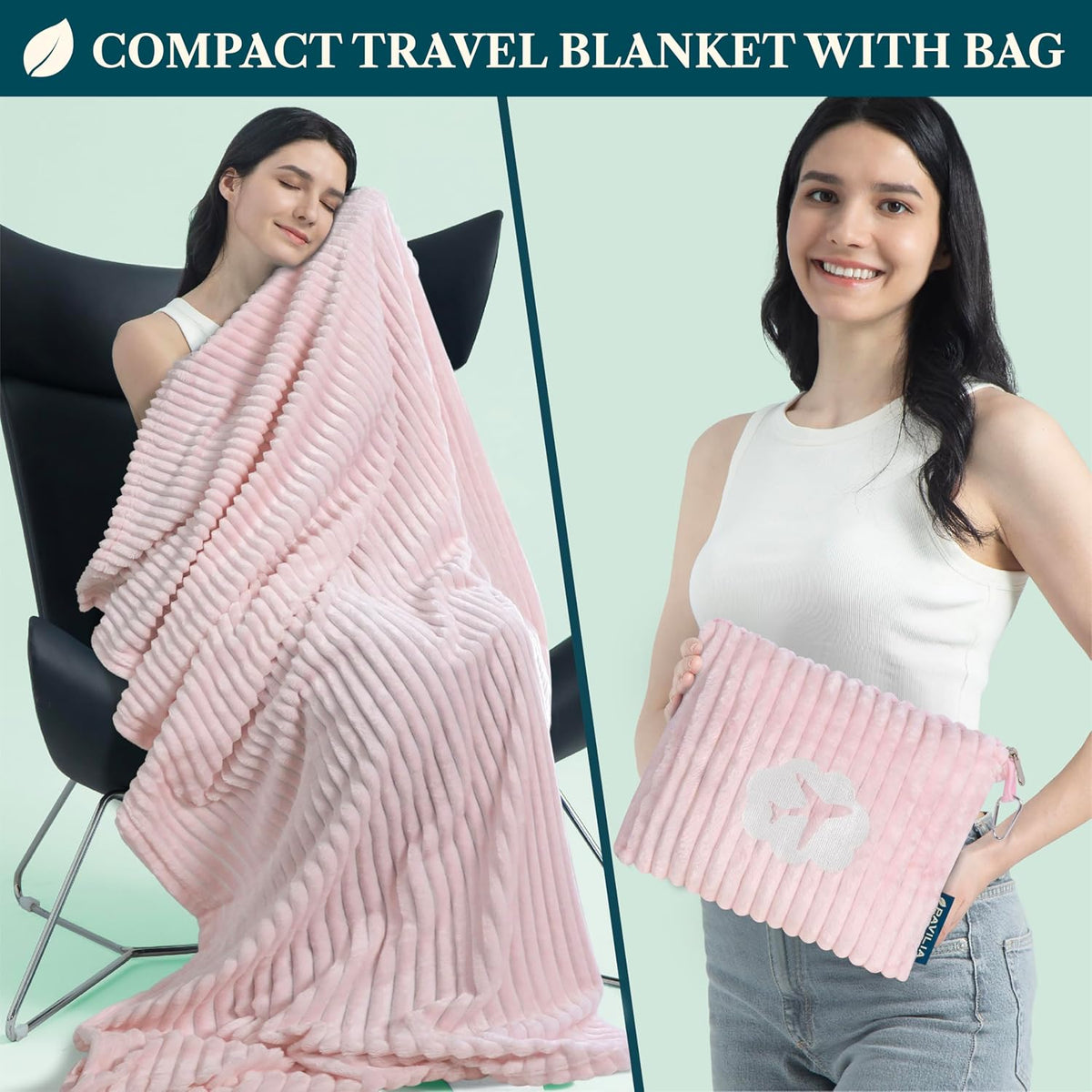 Travel Blanket Pillow, Soft Ribbed Fleece Airplane Blanket, Pink