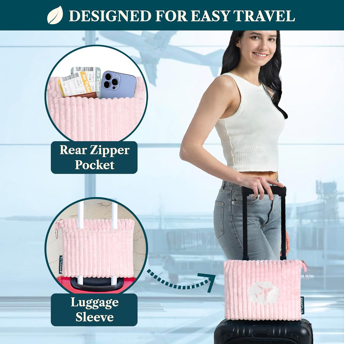 Travel Blanket Pillow, Soft Ribbed Fleece Airplane Blanket, Pink