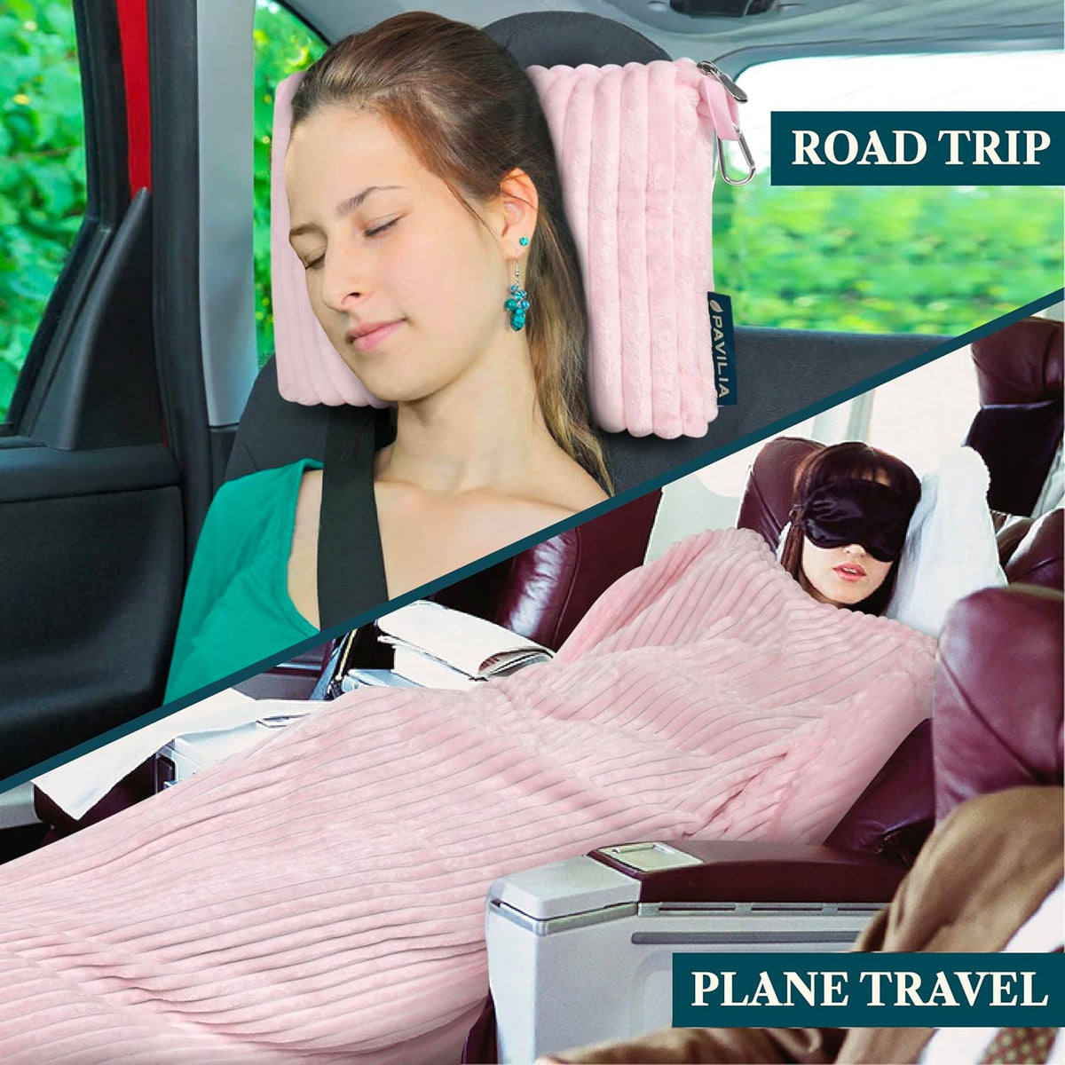Travel Blanket Pillow, Soft Ribbed Fleece Airplane Blanket, Pink