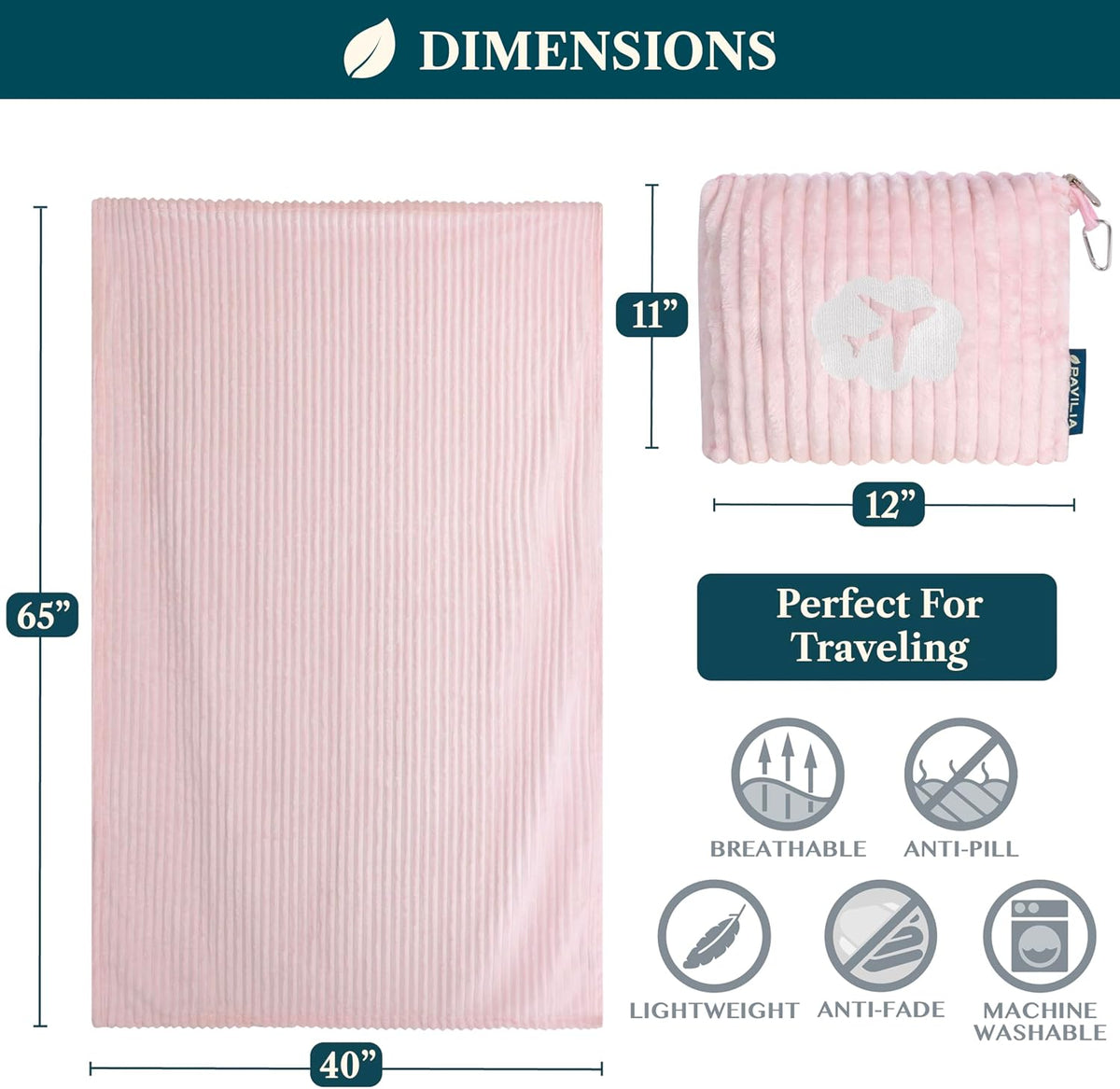 Travel Blanket Pillow, Soft Ribbed Fleece Airplane Blanket, Pink