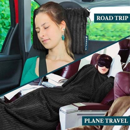 Travel Blanket Pillow, Soft Ribbed Fleece Airplane Blanket, Pink