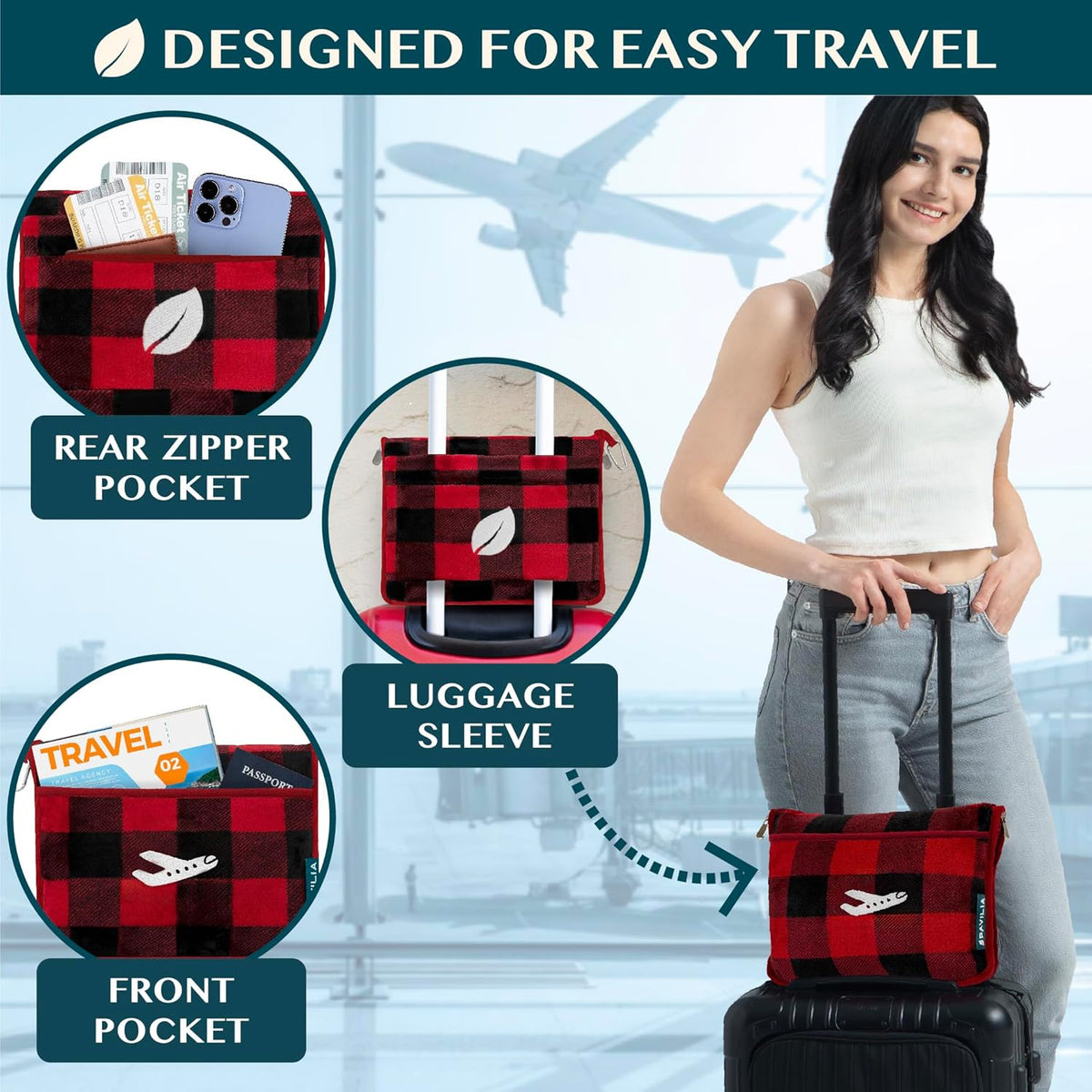 Travel Blanket Pillow, Soft Ribbed Fleece Airplane Blanket, Pink