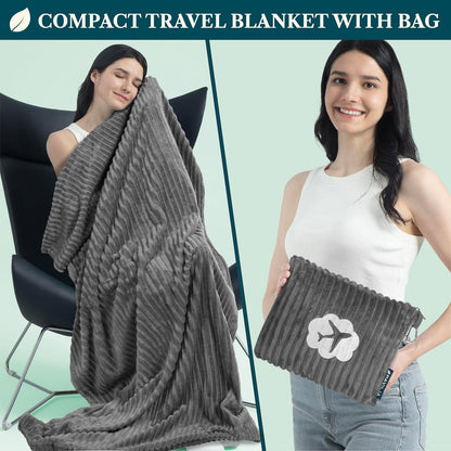 Travel Blanket Pillow, Soft Ribbed Fleece Airplane Blanket, Pink