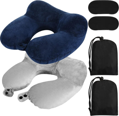 2 Inflatable Neck Pillow Airplane Travel, Light Gray and Dark Blue