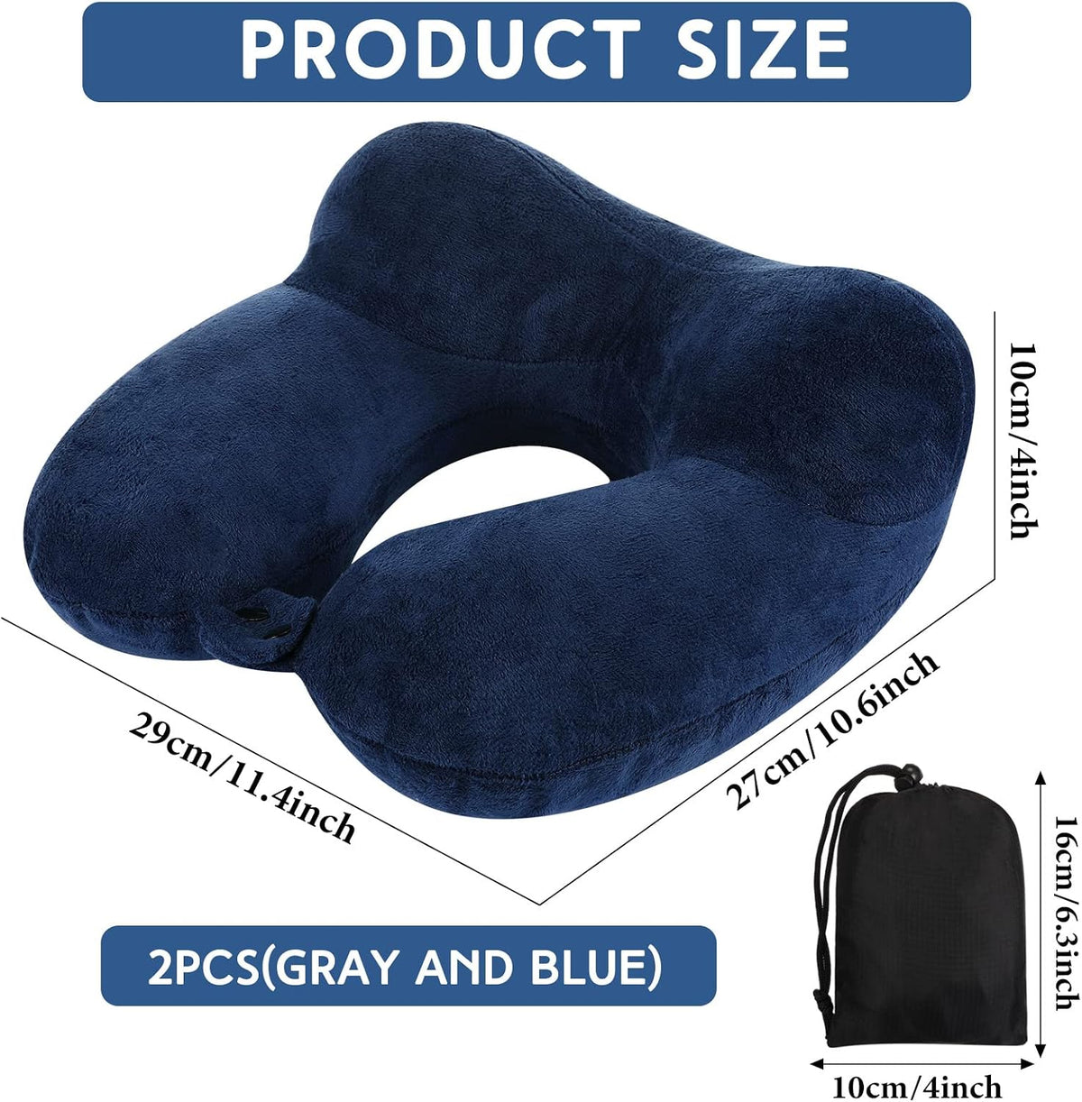 2 Inflatable Neck Pillow Airplane Travel, Light Gray and Dark Blue