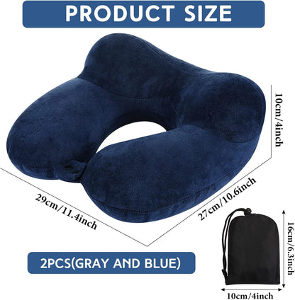 2 Inflatable Neck Pillow Airplane Travel, Light Gray and Dark Blue