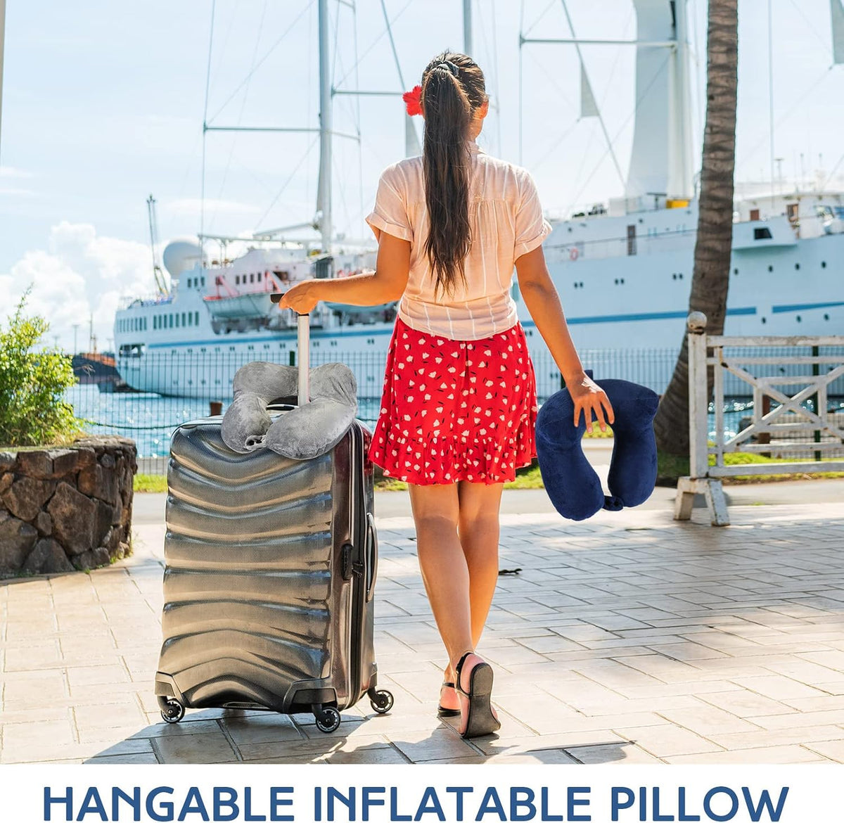 2 Inflatable Neck Pillow Airplane Travel, Light Gray and Dark Blue