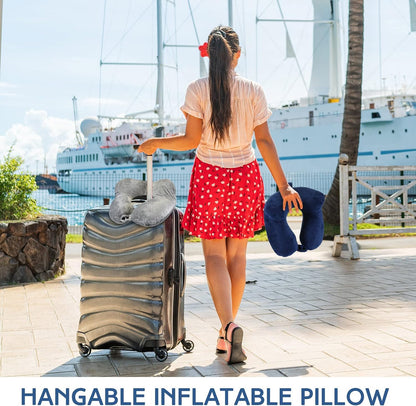 2 Inflatable Neck Pillow Airplane Travel, Light Gray and Dark Blue