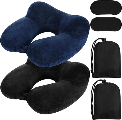 2 Inflatable Neck Pillow Airplane Travel, Light Gray and Dark Blue
