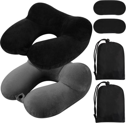 2 Inflatable Neck Pillow Airplane Travel, Light Gray and Dark Blue