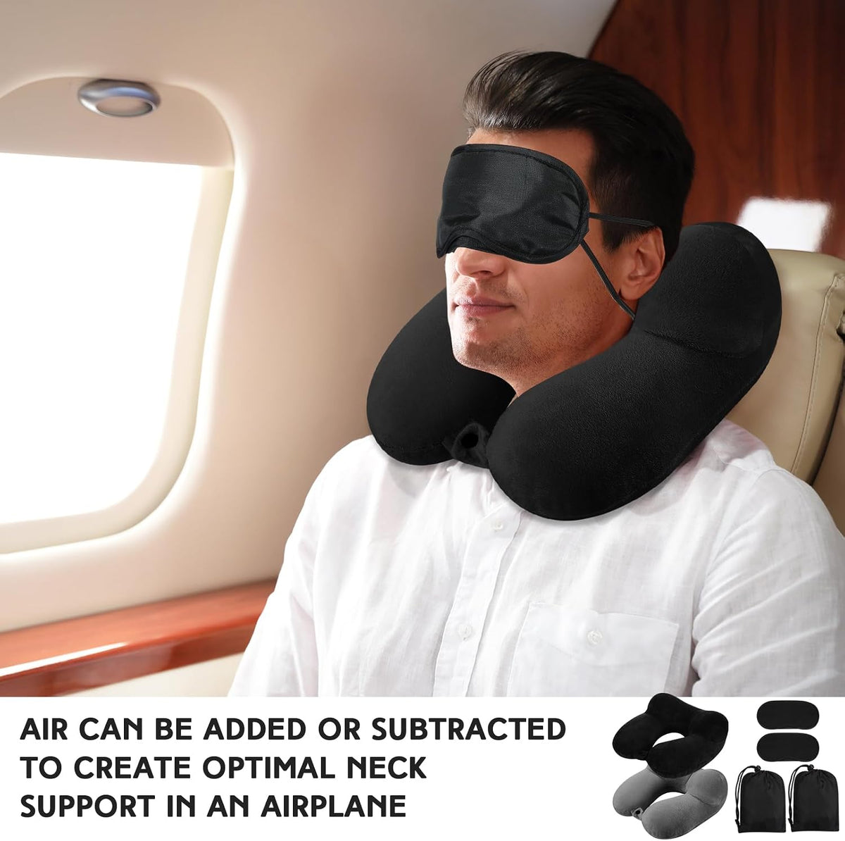 2 Inflatable Neck Pillow Airplane Travel, Light Gray and Dark Blue