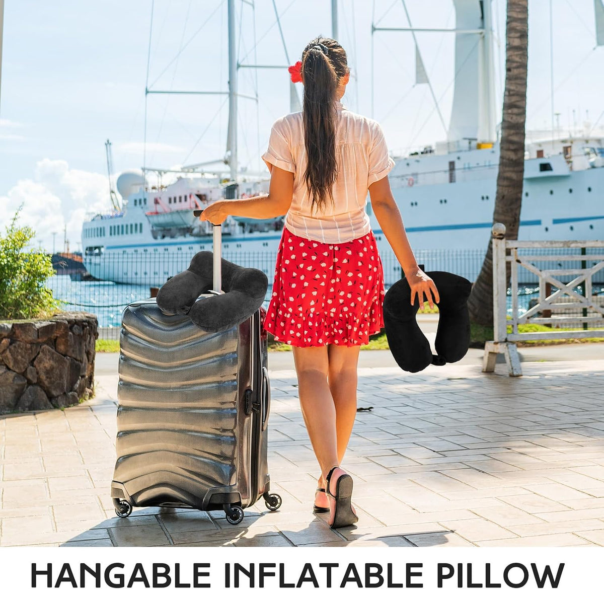 2 Inflatable Neck Pillow Airplane Travel, Light Gray and Dark Blue