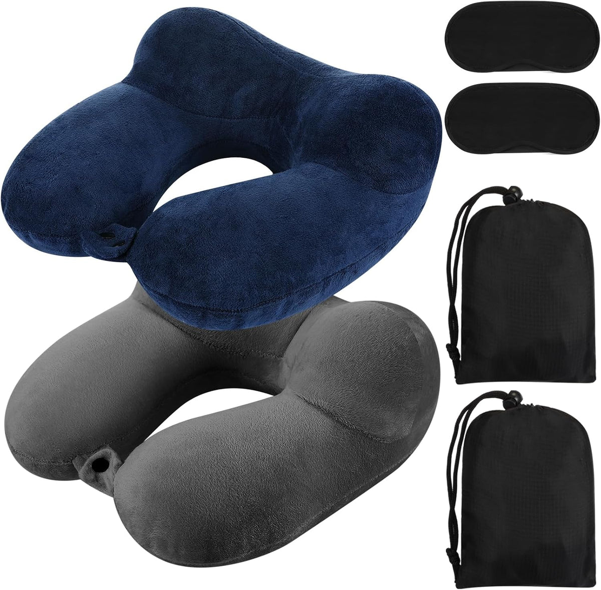 2 Inflatable Neck Pillow Airplane Travel, Light Gray and Dark Blue