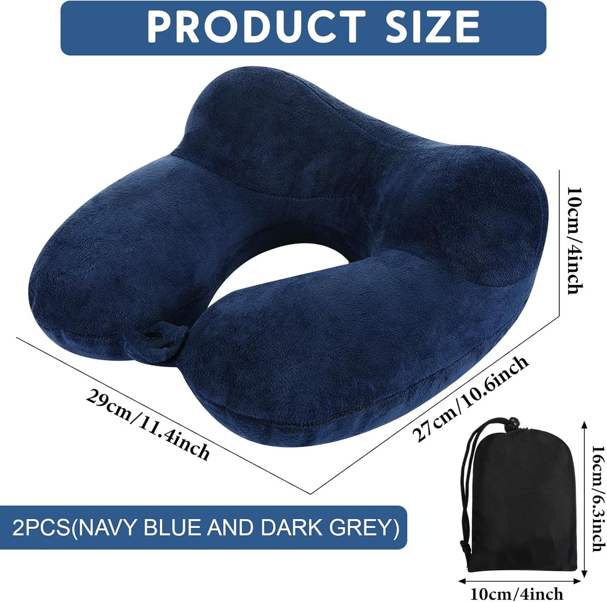 2 Inflatable Neck Pillow Airplane Travel, Light Gray and Dark Blue