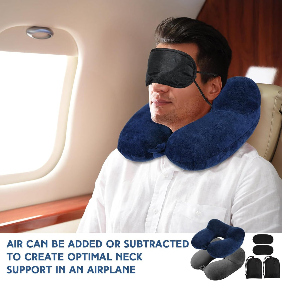 2 Inflatable Neck Pillow Airplane Travel, Light Gray and Dark Blue