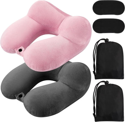 2 Inflatable Neck Pillow Airplane Travel, Light Gray and Dark Blue