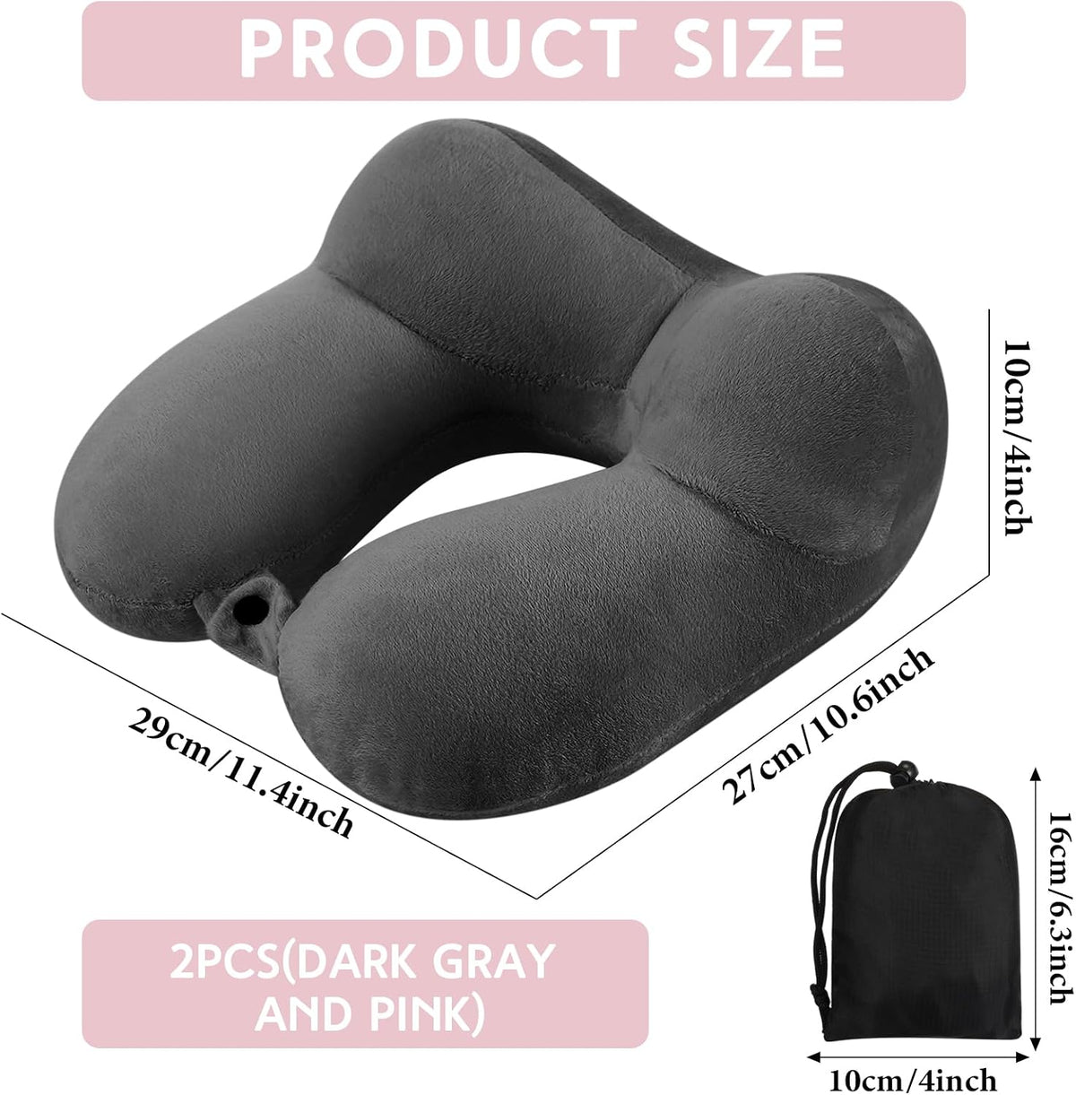2 Inflatable Neck Pillow Airplane Travel, Light Gray and Dark Blue