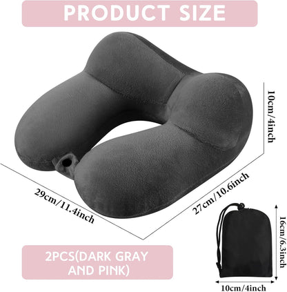 2 Inflatable Neck Pillow Airplane Travel, Light Gray and Dark Blue