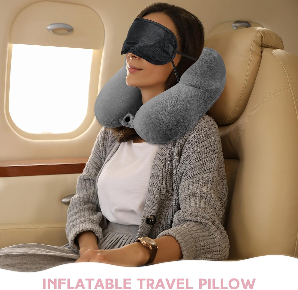 2 Inflatable Neck Pillow Airplane Travel, Light Gray and Dark Blue