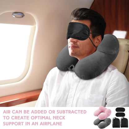 2 Inflatable Neck Pillow Airplane Travel, Light Gray and Dark Blue