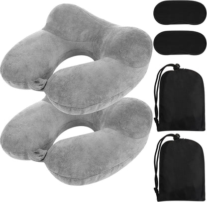 2 Inflatable Neck Pillow Airplane Travel, Light Gray and Dark Blue