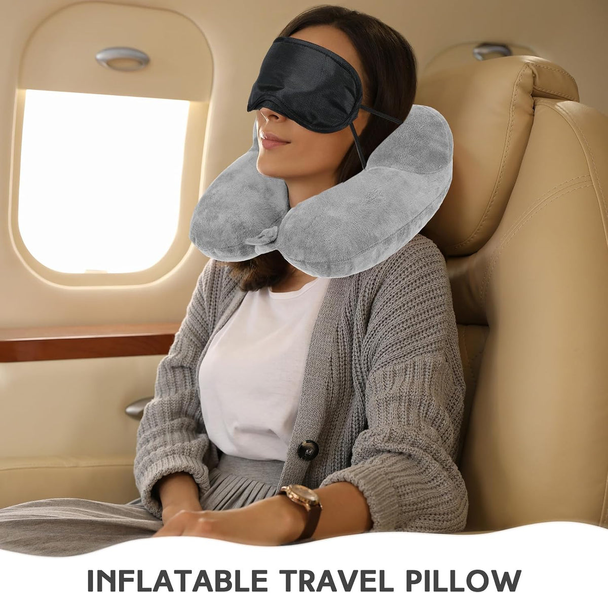 2 Inflatable Neck Pillow Airplane Travel, Light Gray and Dark Blue