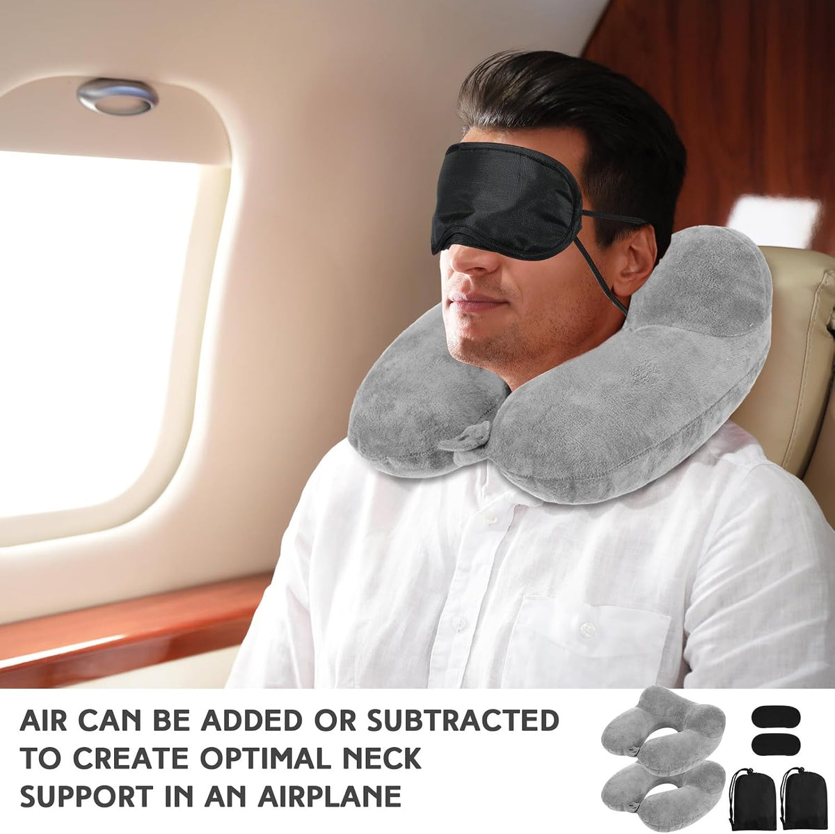 2 Inflatable Neck Pillow Airplane Travel, Light Gray and Dark Blue