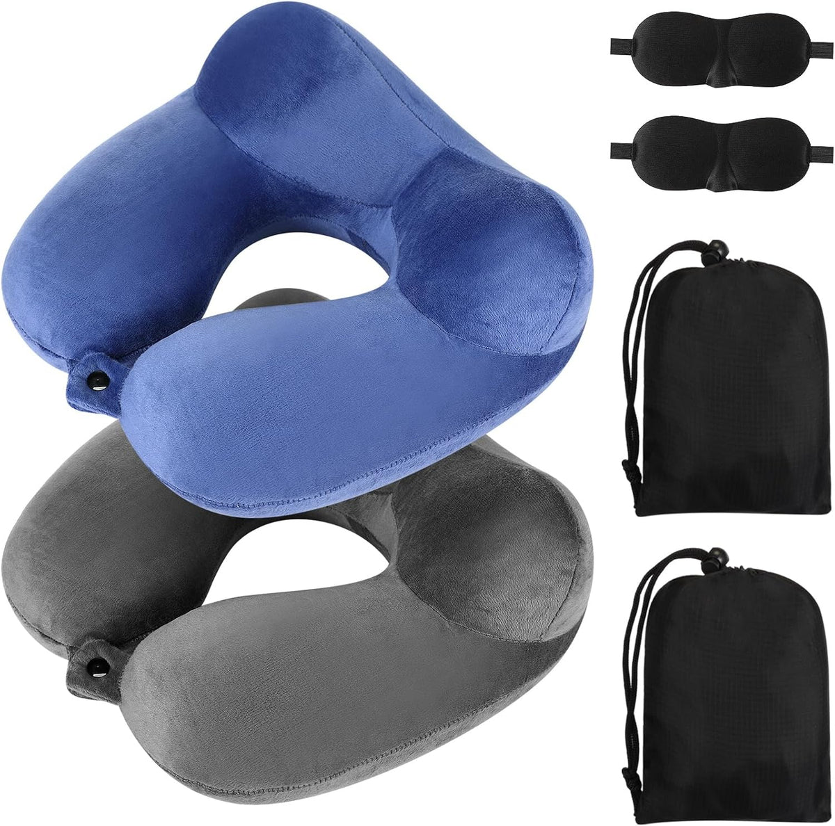 2 Inflatable Neck Pillow Airplane Travel, Light Gray and Dark Blue