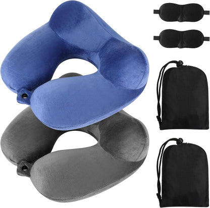 2 Inflatable Neck Pillow Airplane Travel, Light Gray and Dark Blue