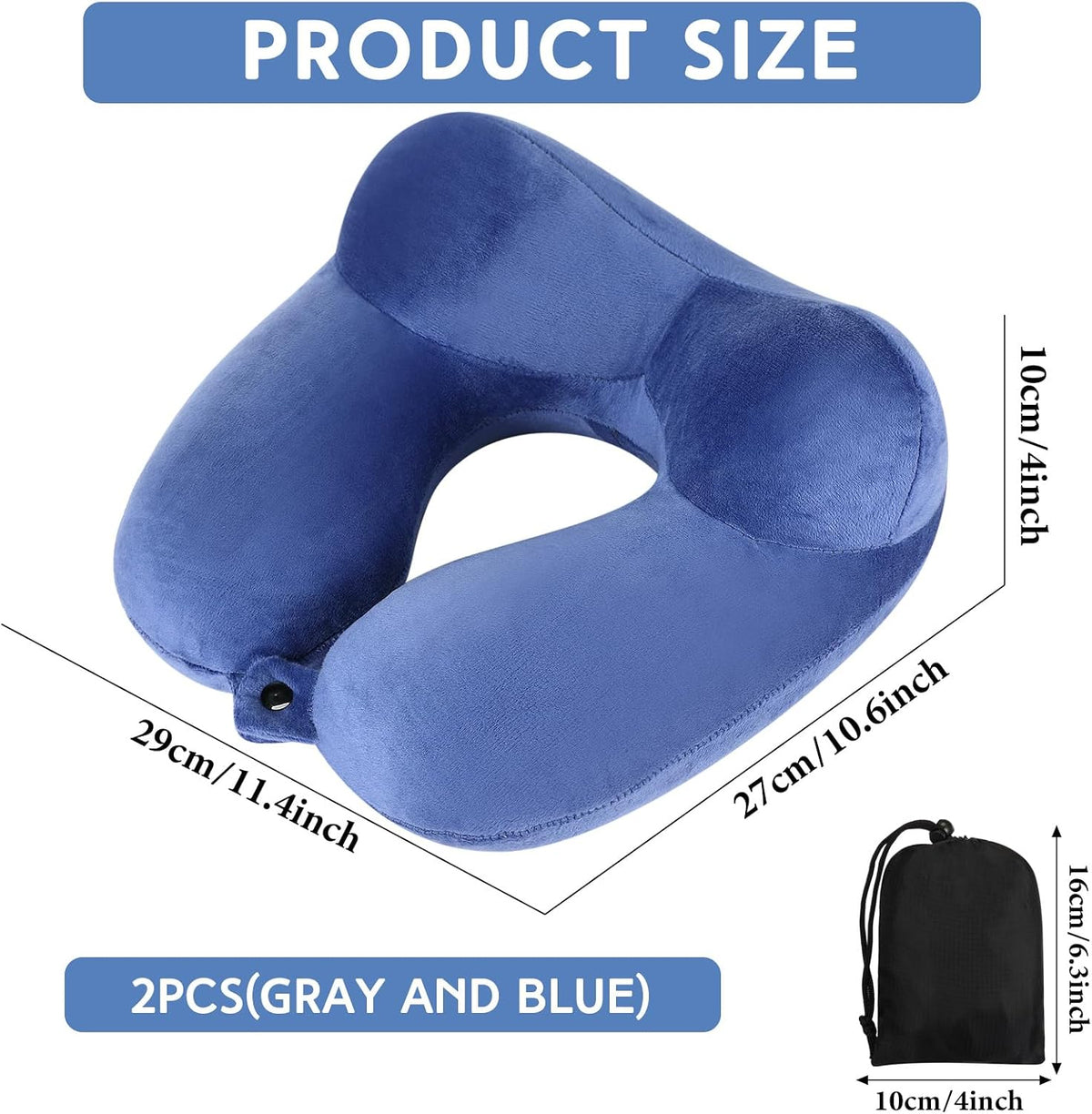 2 Inflatable Neck Pillow Airplane Travel, Light Gray and Dark Blue