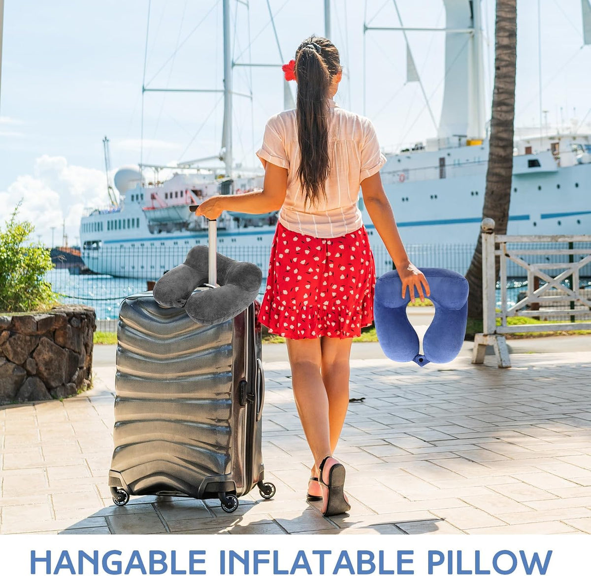 2 Inflatable Neck Pillow Airplane Travel, Light Gray and Dark Blue