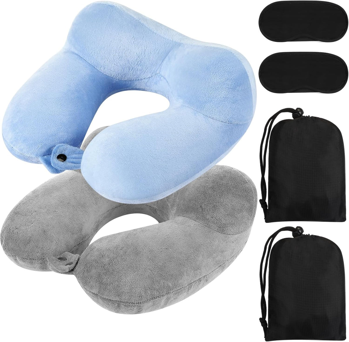 2 Inflatable Neck Pillow Airplane Travel, Light Gray and Dark Blue