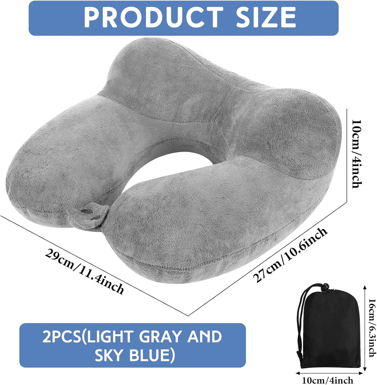 2 Inflatable Neck Pillow Airplane Travel, Light Gray and Dark Blue