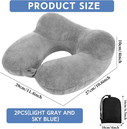 2 Inflatable Neck Pillow Airplane Travel, Light Gray and Dark Blue