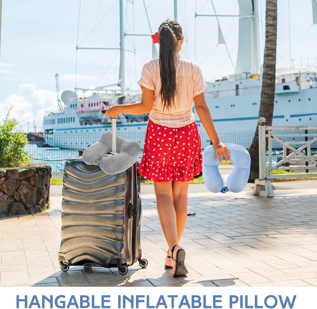 2 Inflatable Neck Pillow Airplane Travel, Light Gray and Dark Blue