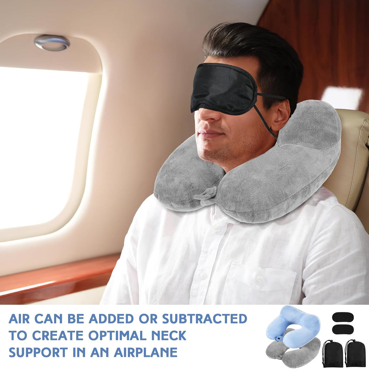 2 Inflatable Neck Pillow Airplane Travel, Light Gray and Dark Blue
